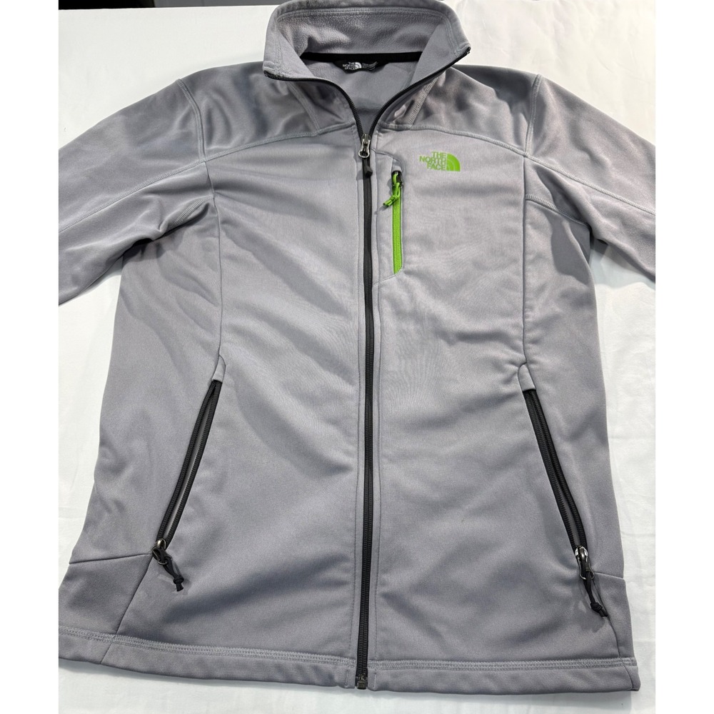 The North Face Men's Small Gray Full Zip Fleece Jacket Green Logo Zip Pockets